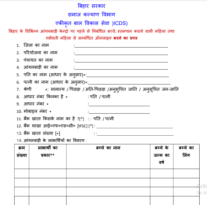 Bihar Anganwadi Labharthi Yojana Online Application Form